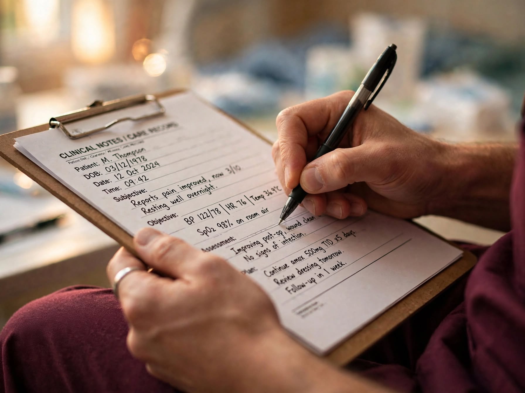 Close-up of a clinical case manager reviewing care notes