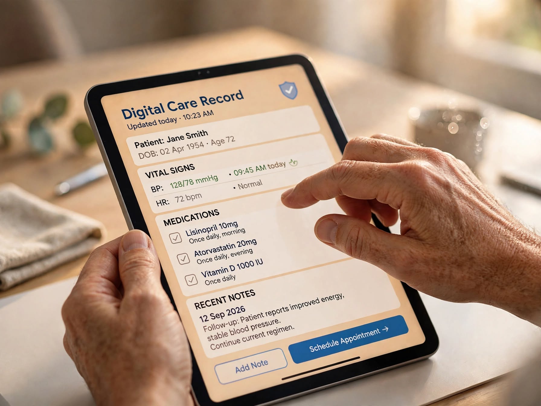 Close-up of a digital care record on a tablet