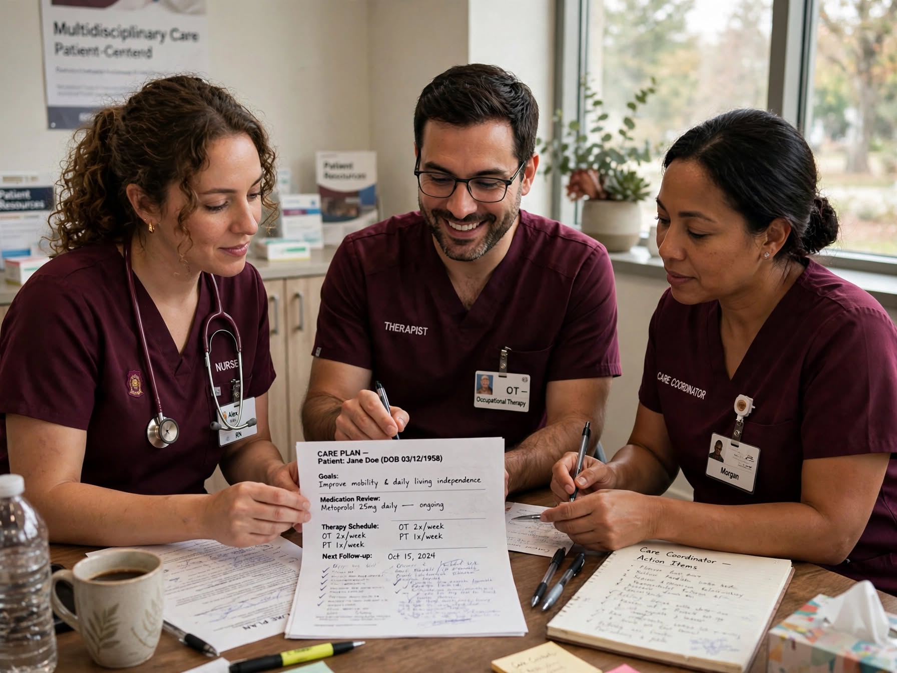 Multi-disciplinary team meeting reviewing a complex care plan