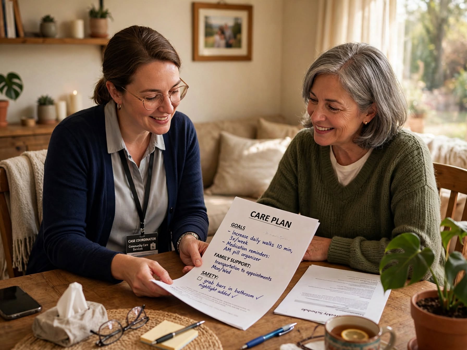 Case coordinator reviewing a care plan together with family