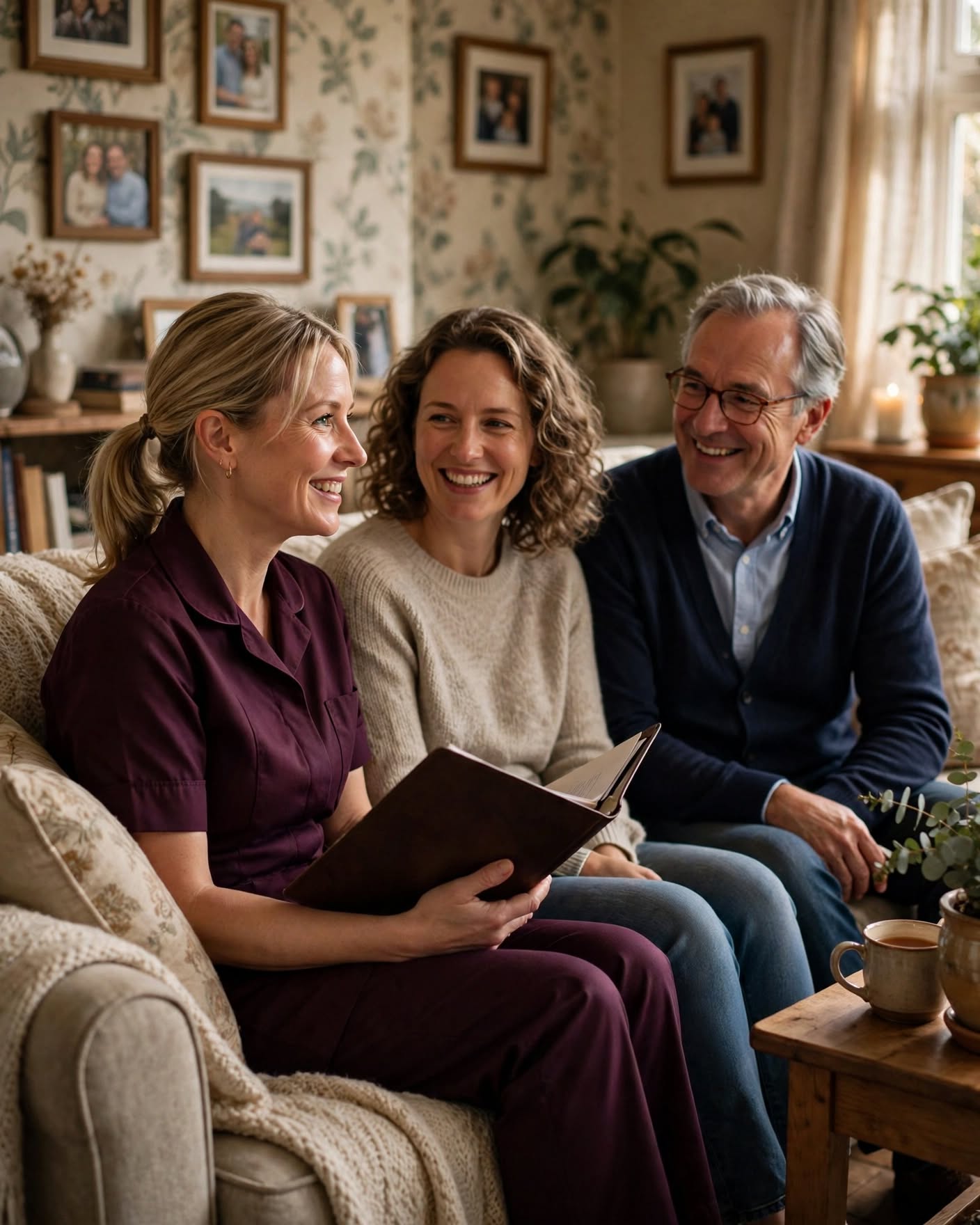 Nurse in dark maroon uniform building a trusted relationship with a client and their family