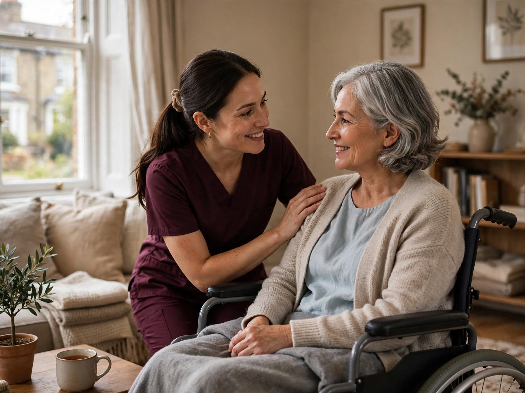 Registered nurse in dark maroon scrubs providing spinal injury care at home in Wolverhampton