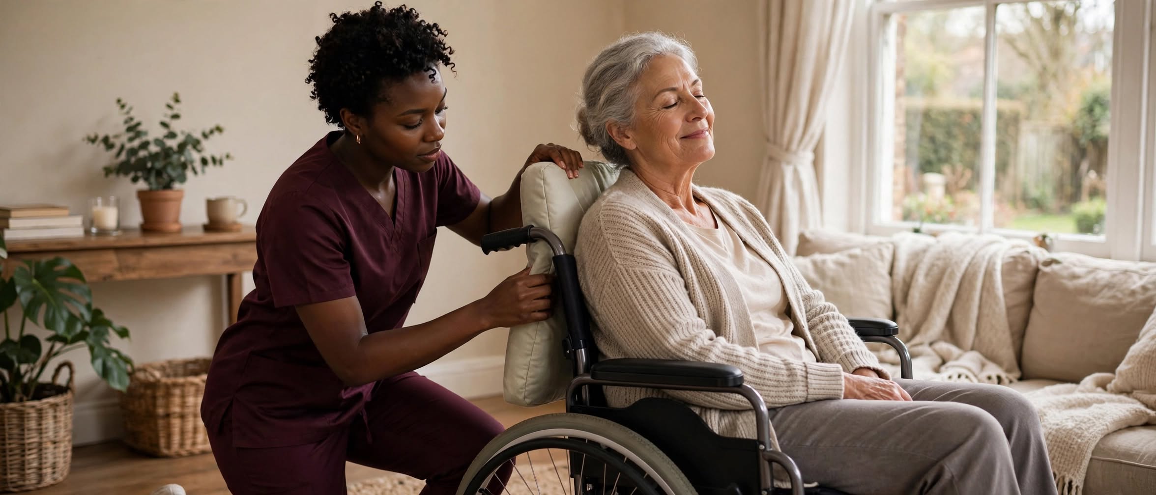 Nurse in dark maroon uniform supporting a client with mobility and positioning at home
