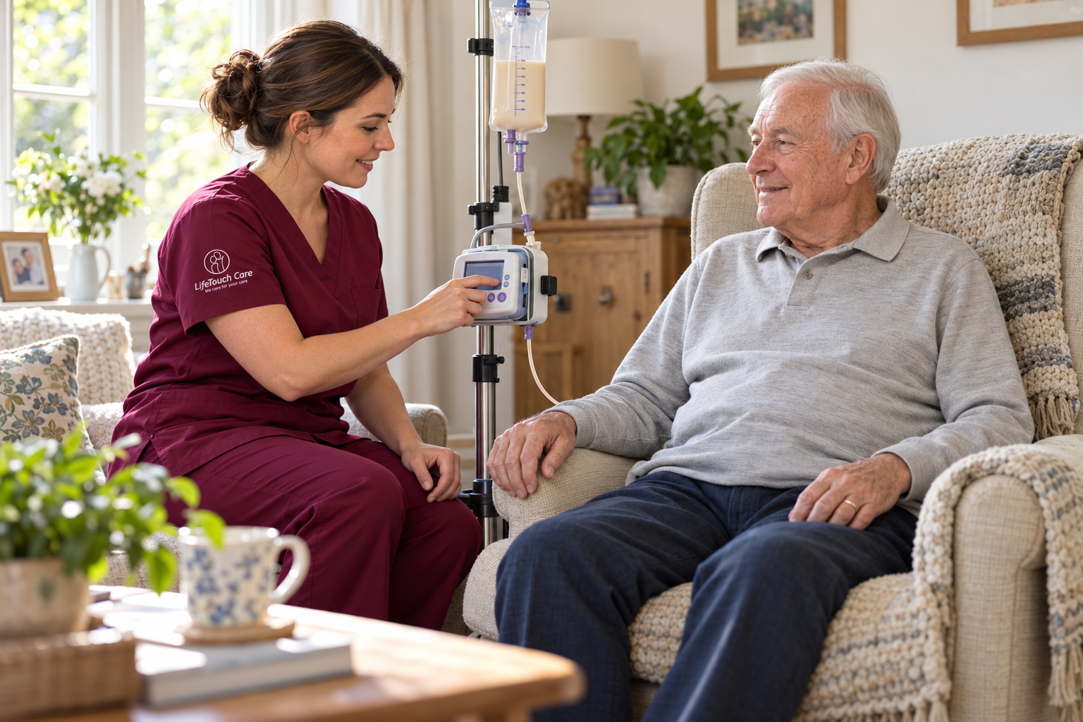 Nurse in burgundy scrubs checking an enteral feeding pump beside an older man at home