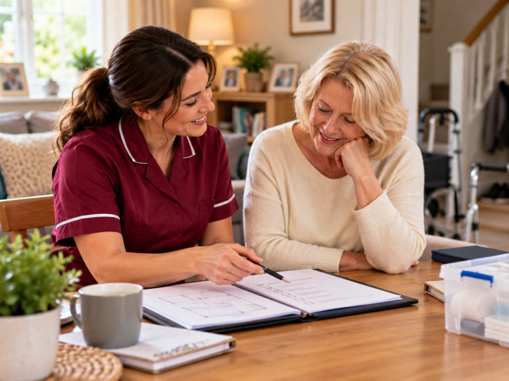 Care professional in burgundy uniform discussing a complex home care plan with an older adult at home