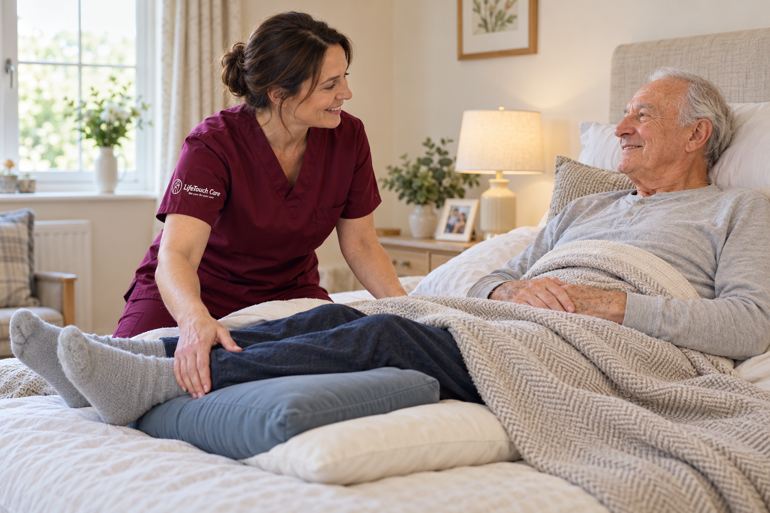 Home-care nurse in burgundy scrubs arranging supportive pillows for an older man