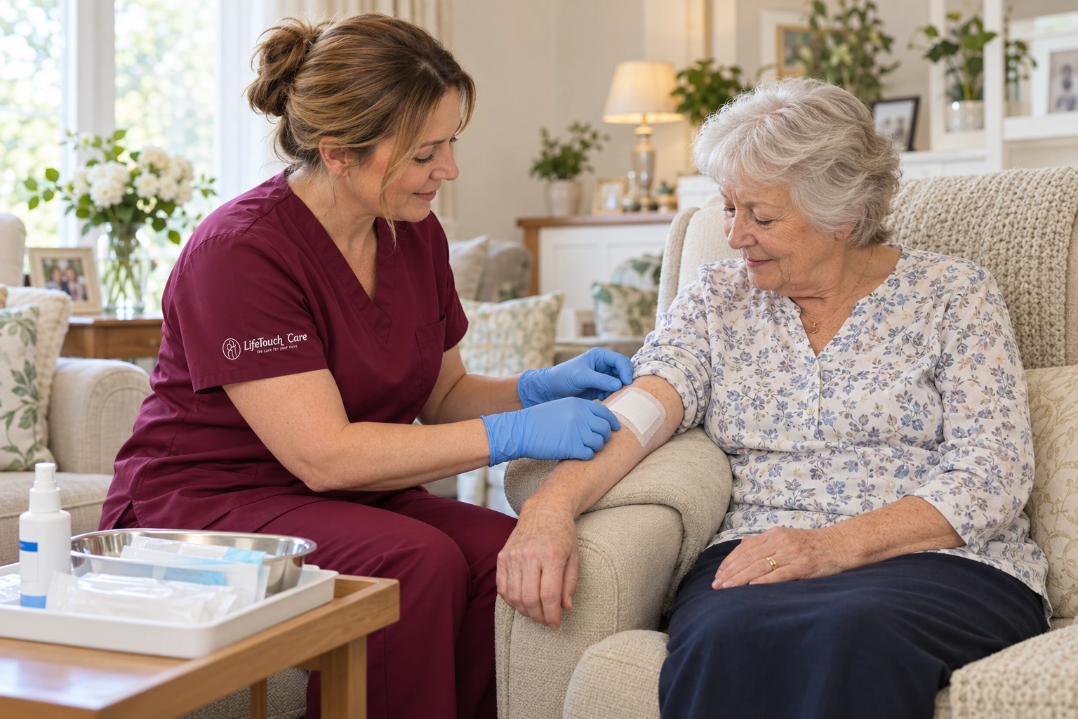 Nurse in burgundy scrubs checking a clean forearm dressing for an older woman at home